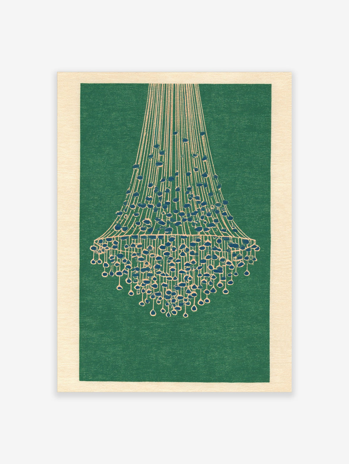 Illustrative chandelier art print with teal green and blue crystal shapes on a dark green textured background