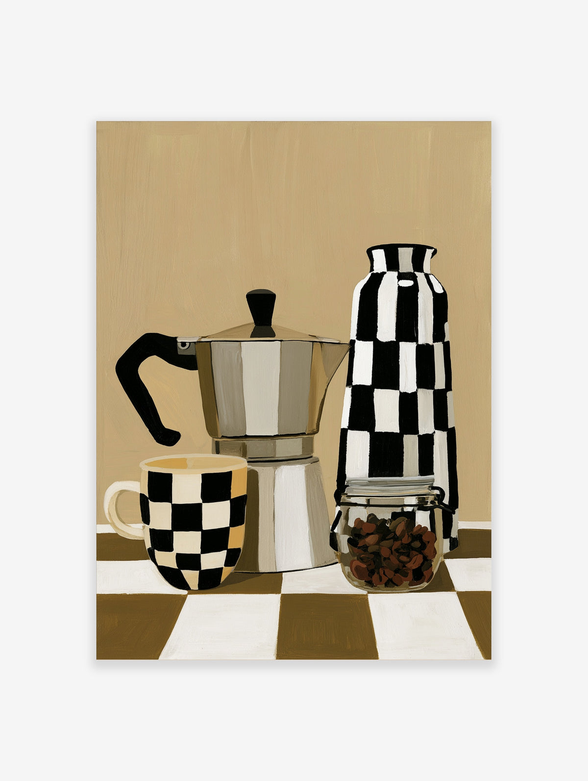 Checkered coffee pot and mug poster with glass jar of coffee beans on brown and white tiled surface