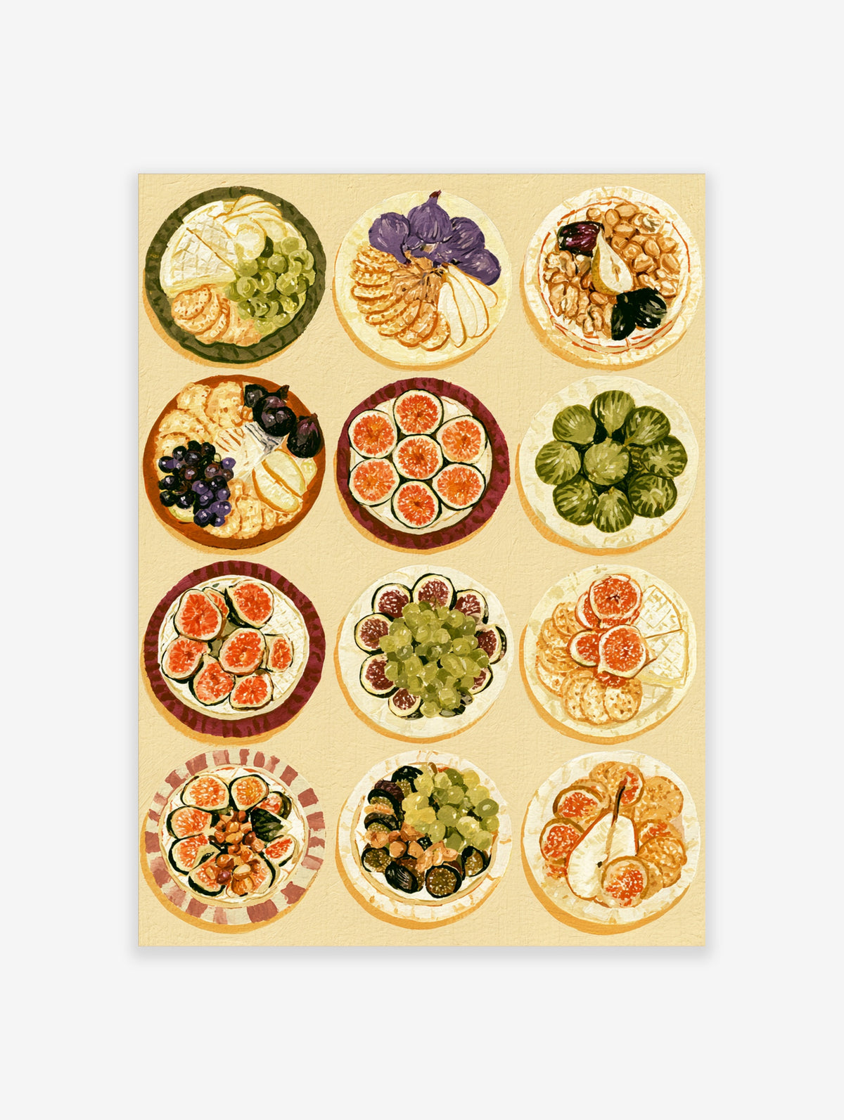 Illustrated grid of twelve plates with cheese, figs, grapes, pears and nuts on a beige background