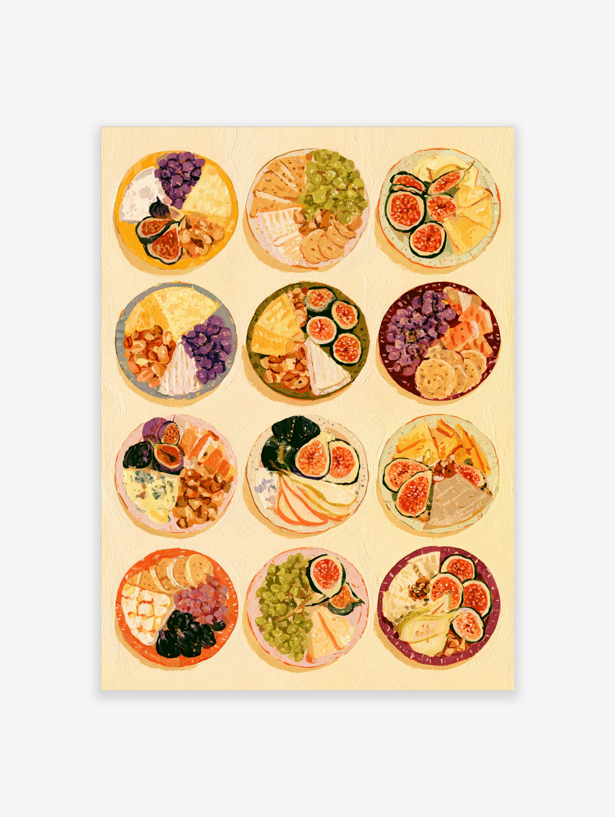 Illustrated grid of twelve round plates with cheese, grapes, figs, and crackers on a pale yellow background