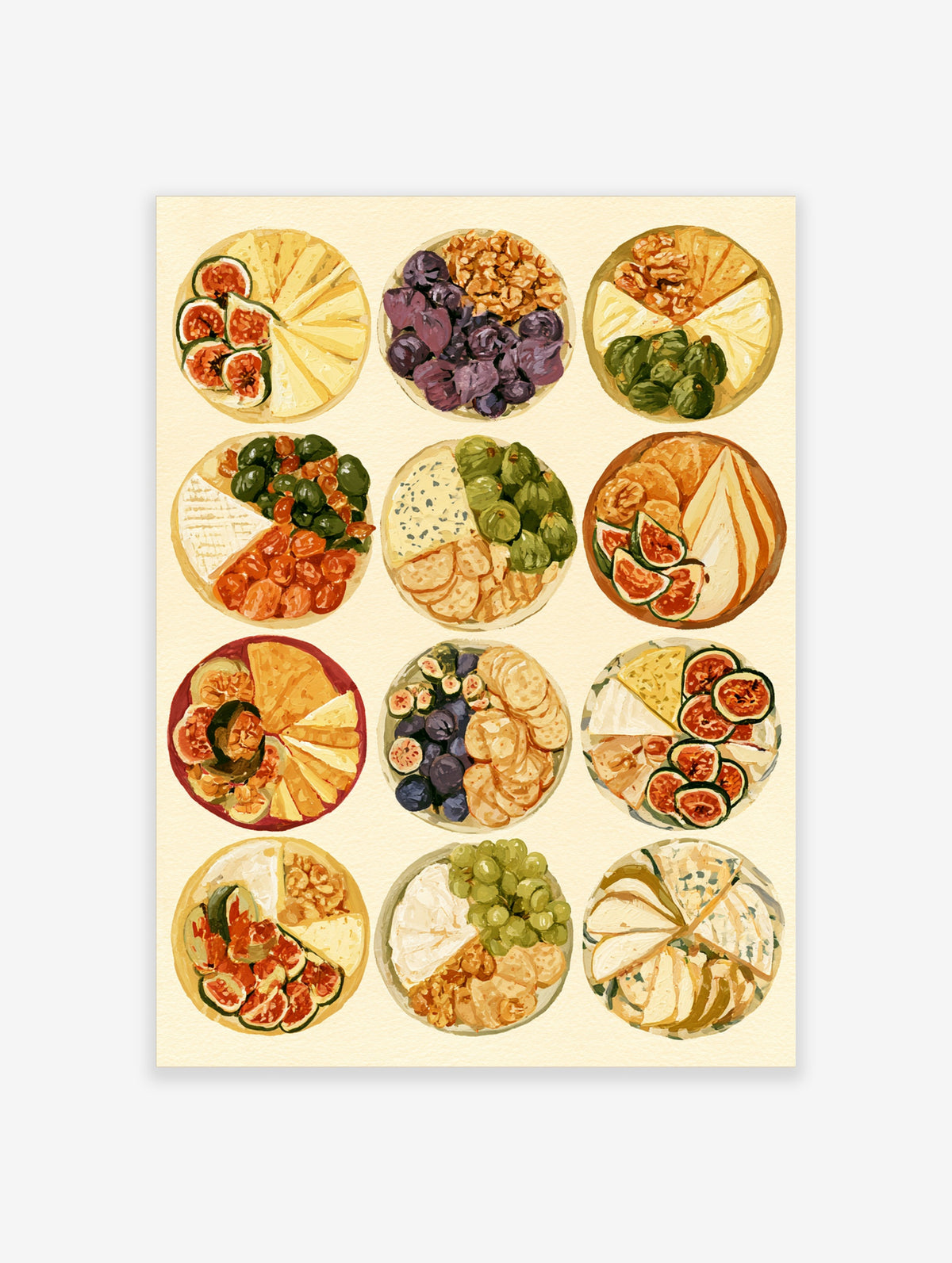 Cheese board and charcuterie food poster print with figs, grapes, olives and nuts on twelve round platters