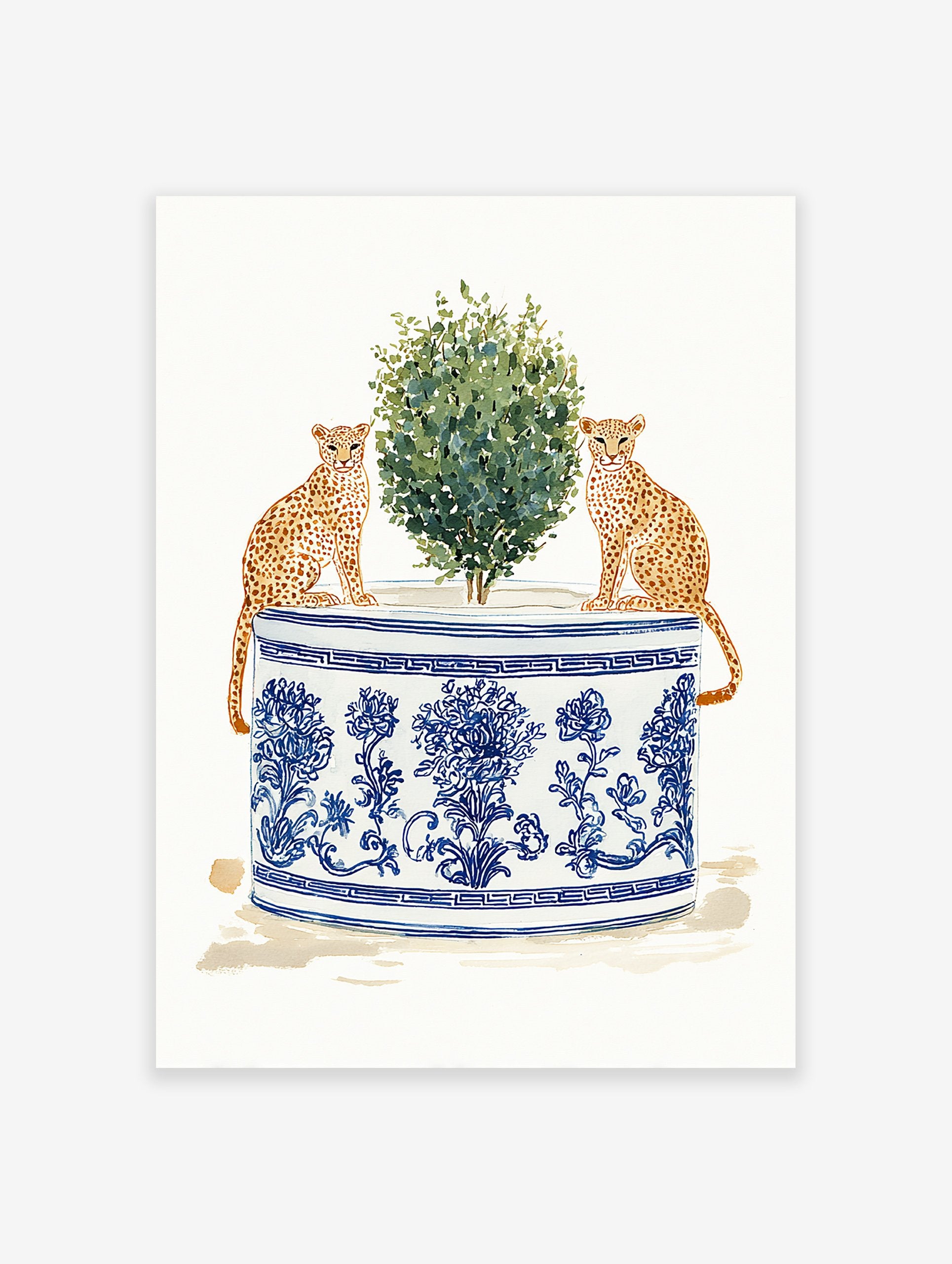 Watercolor art print of two cheetahs sitting by a green plant in a blue and white chinoiserie planter.