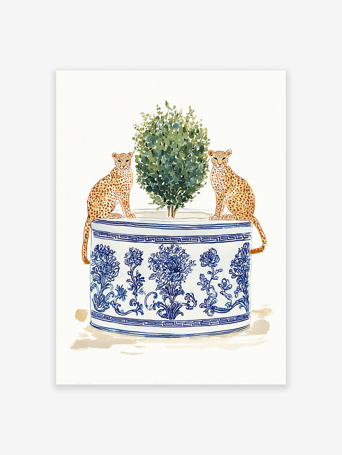 Watercolor art print of two cheetahs sitting by a green plant in a blue and white chinoiserie planter.
