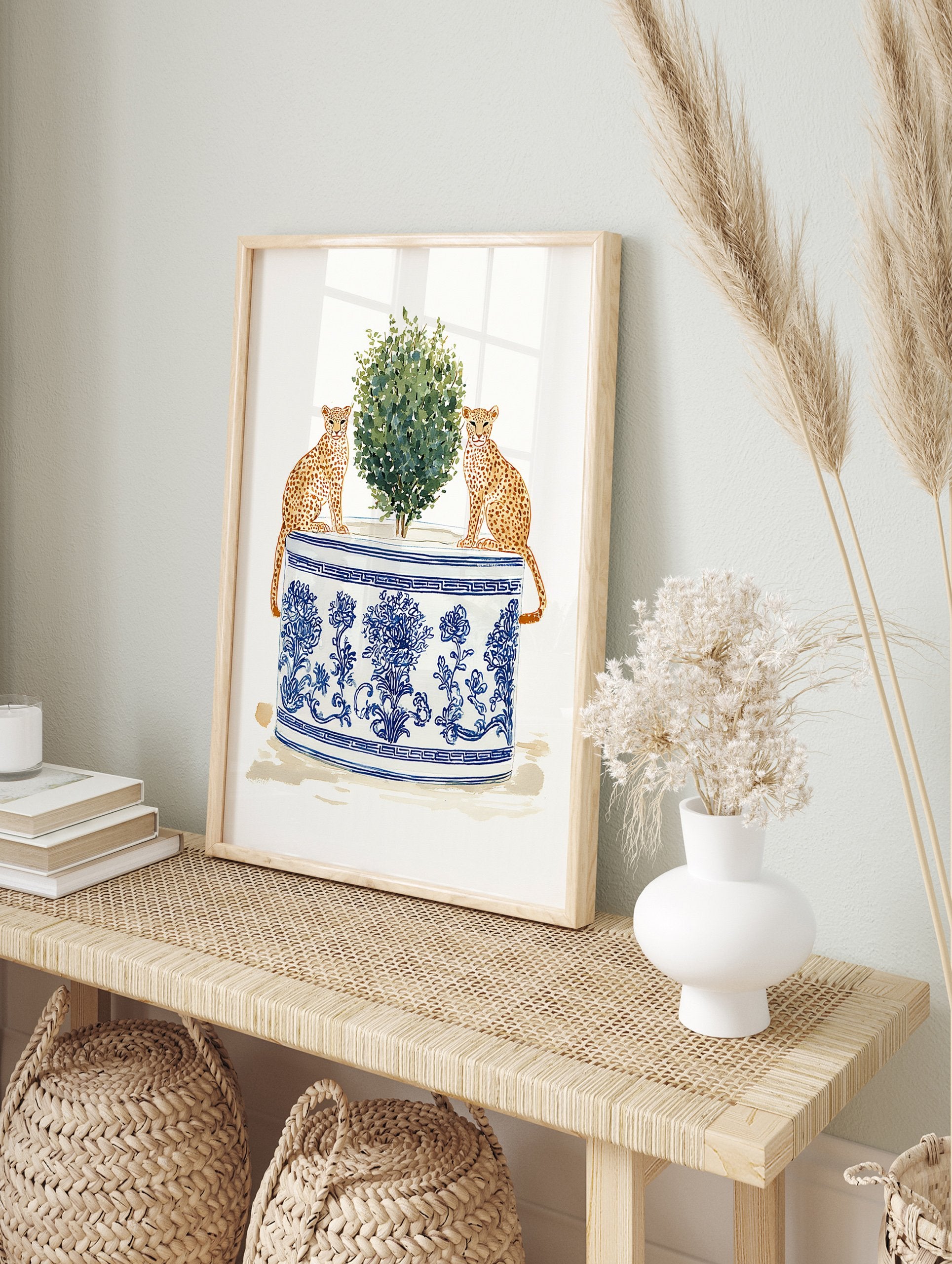 Watercolor art print of two cheetahs sitting by a green plant in a blue and white chinoiserie planter. - Image 3