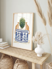 Watercolor art print of two cheetahs sitting by a green plant in a blue and white chinoiserie planter. - Image 3