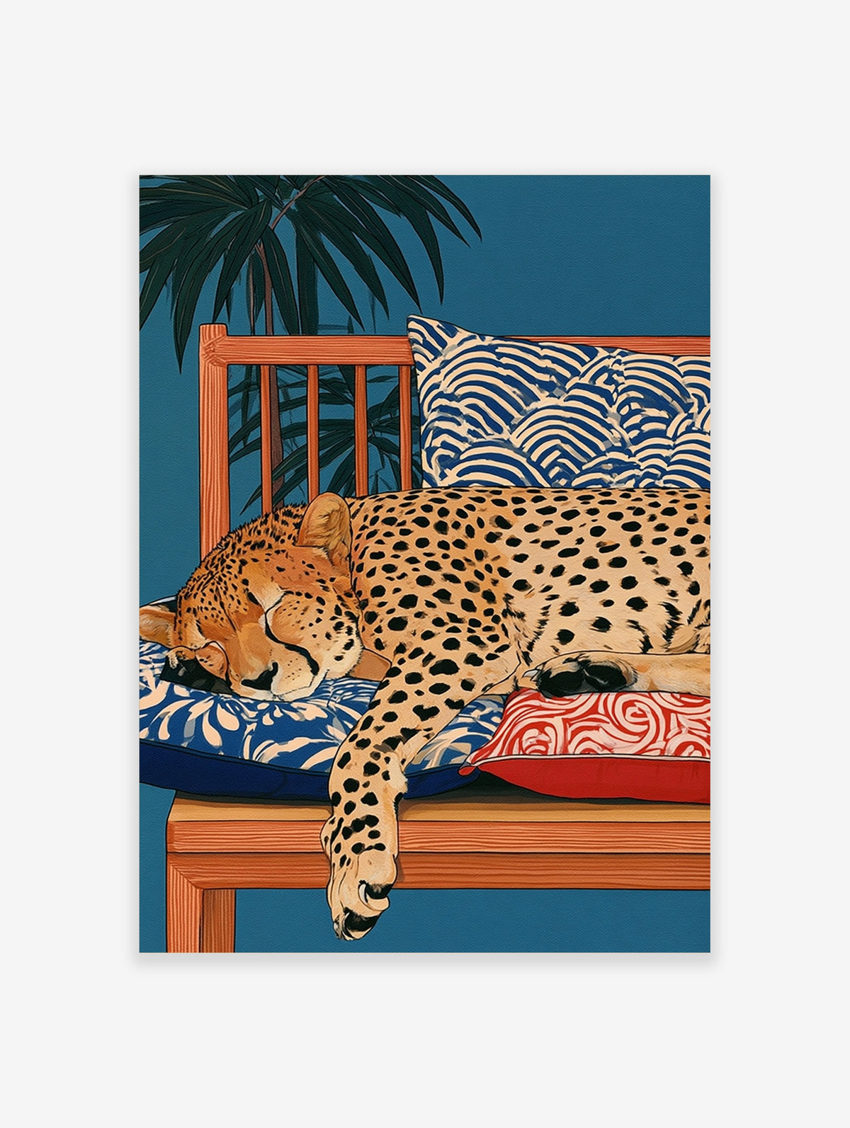 Illustration of a sleeping cheetah on a wooden bench with patterned cushions and palm leaves against a deep blue background