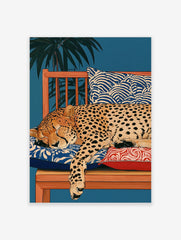 Illustration of a sleeping cheetah on a wooden bench with patterned cushions and palm leaves against a deep blue background