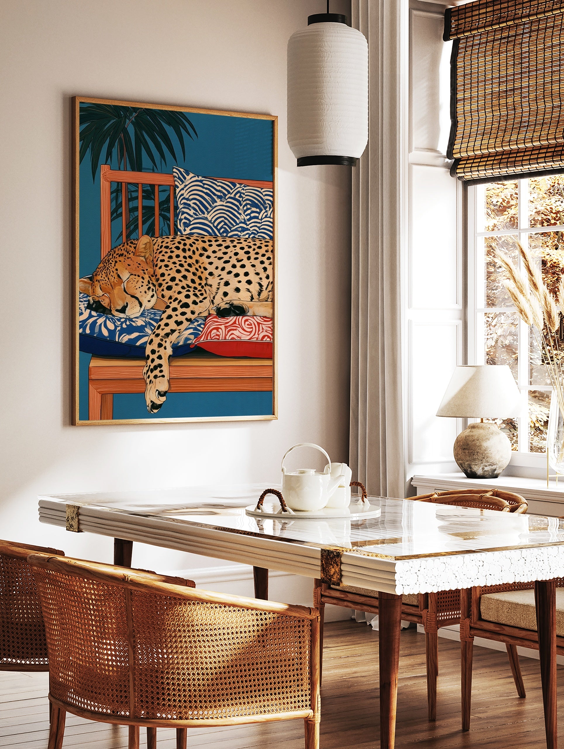 Illustration of a sleeping cheetah on a wooden bench with patterned cushions and palm leaves, in a styled room mockup