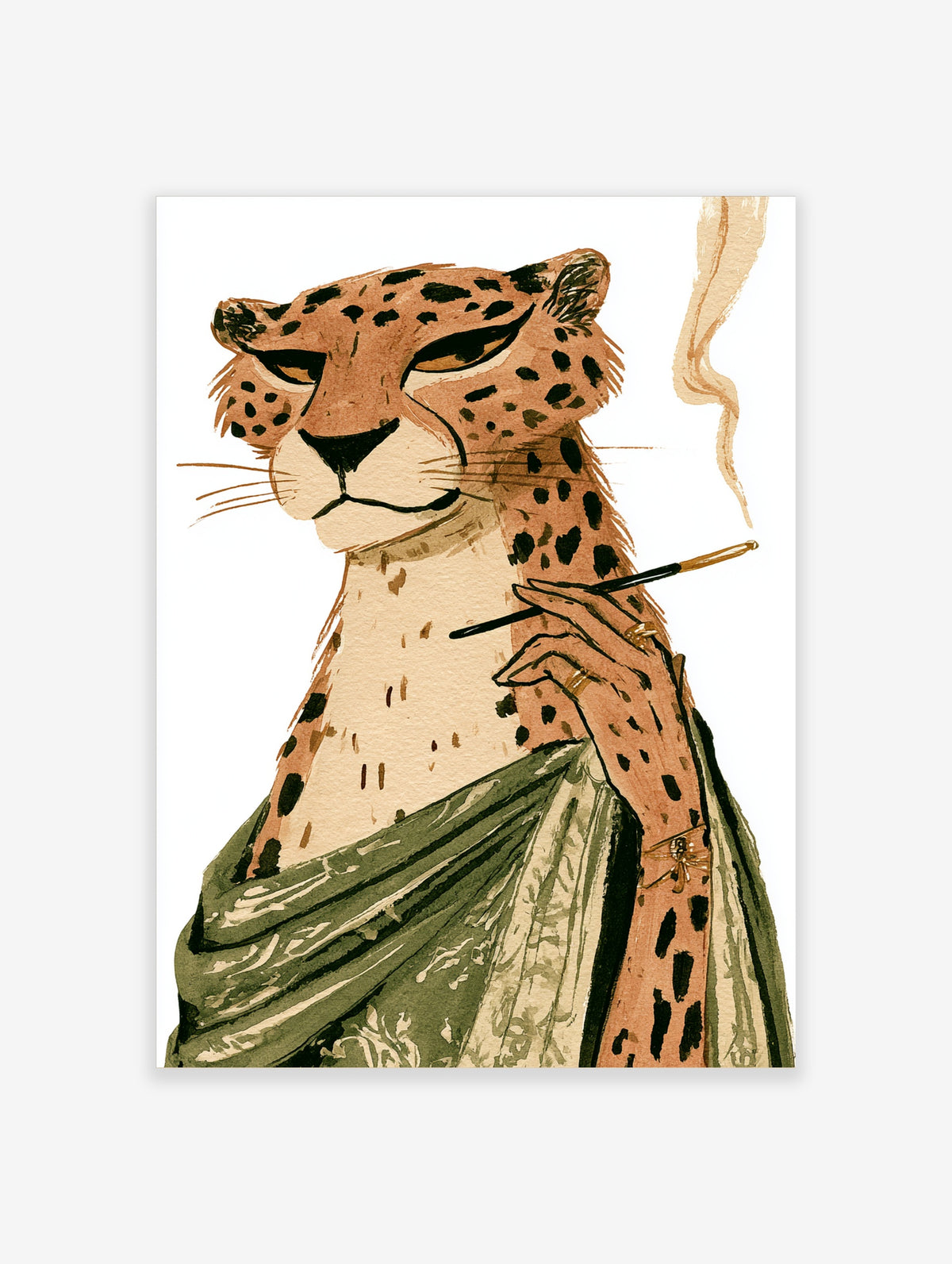 Illustrated cheetah with cigarette wearing green garment and gold rings, watercolor style