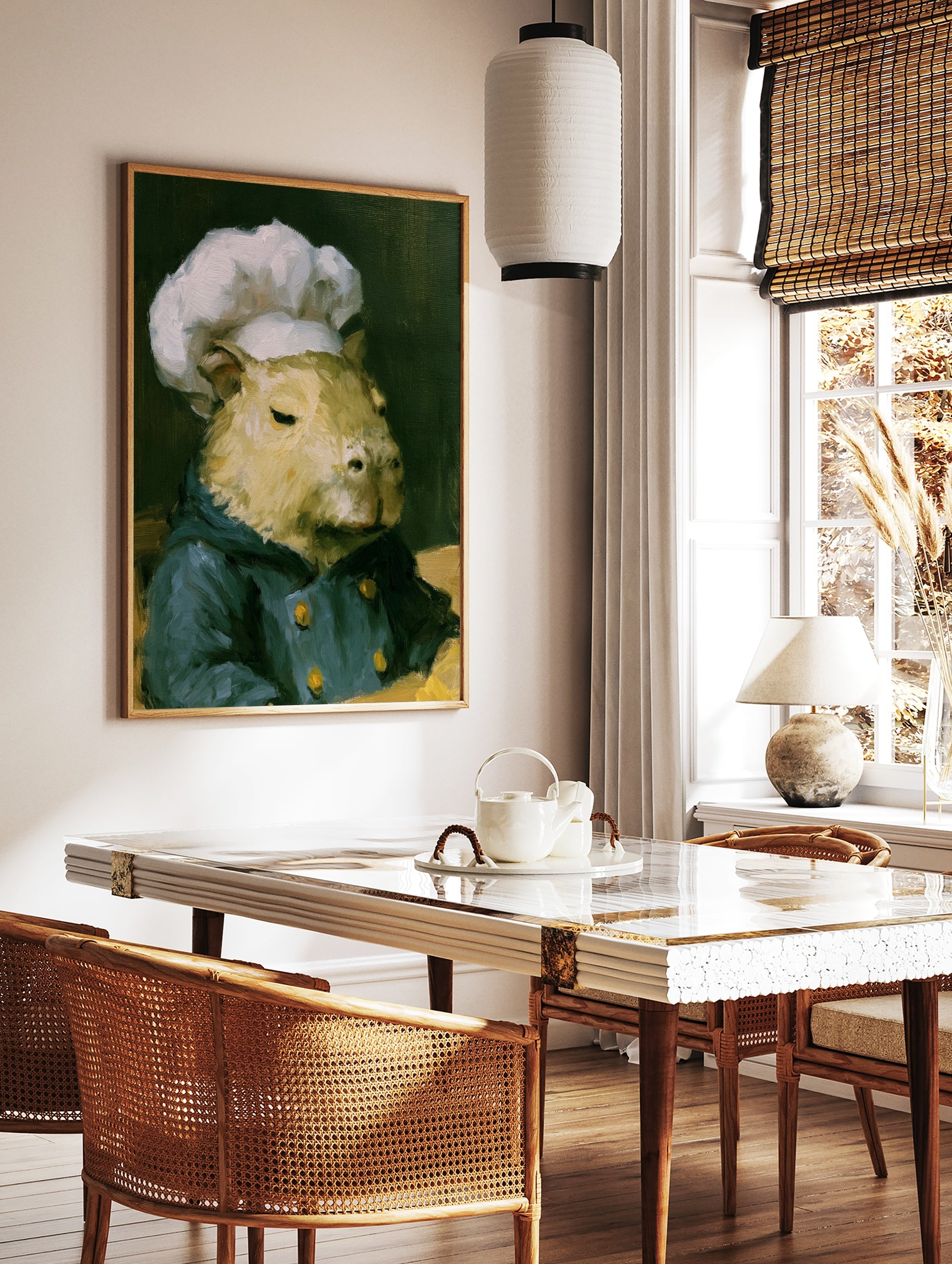 Painterly capybara portrait wearing a white chef hat and blue jacket, animal wall art print, in a styled room mockup