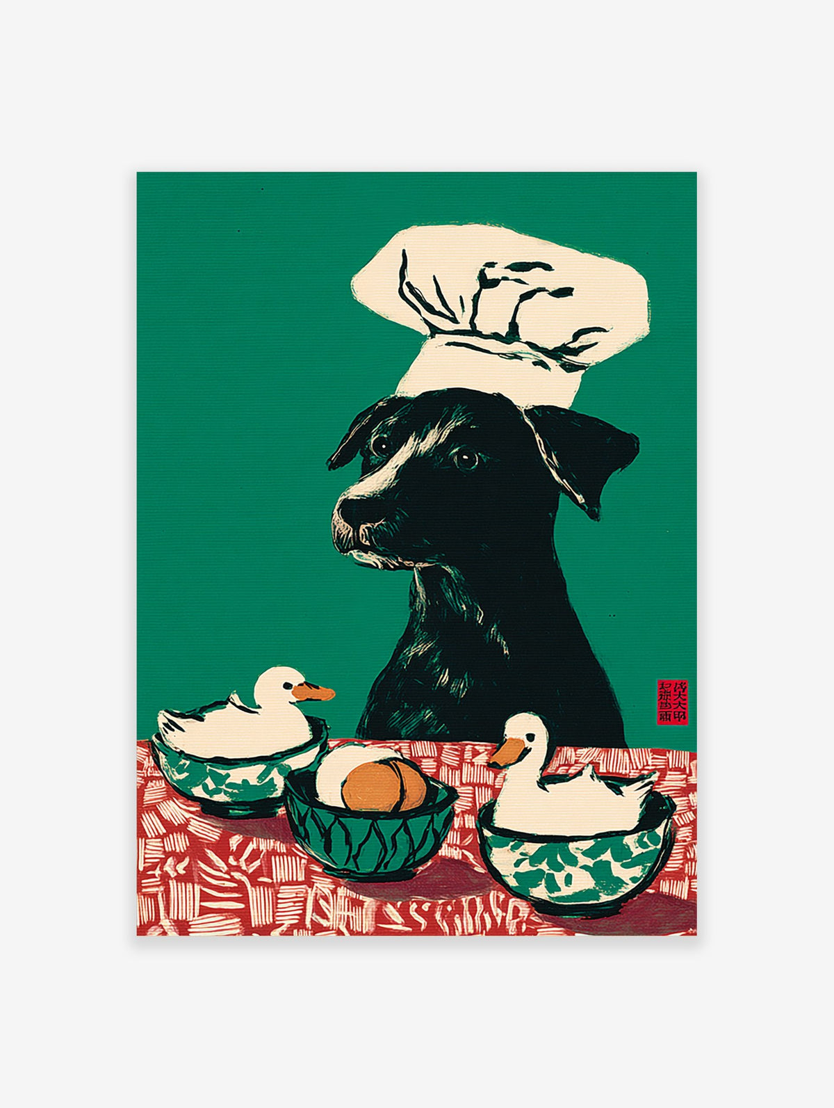 Illustrative wall art print of a black dog in a chef's hat with two ducks and eggs on a red and white tablecloth