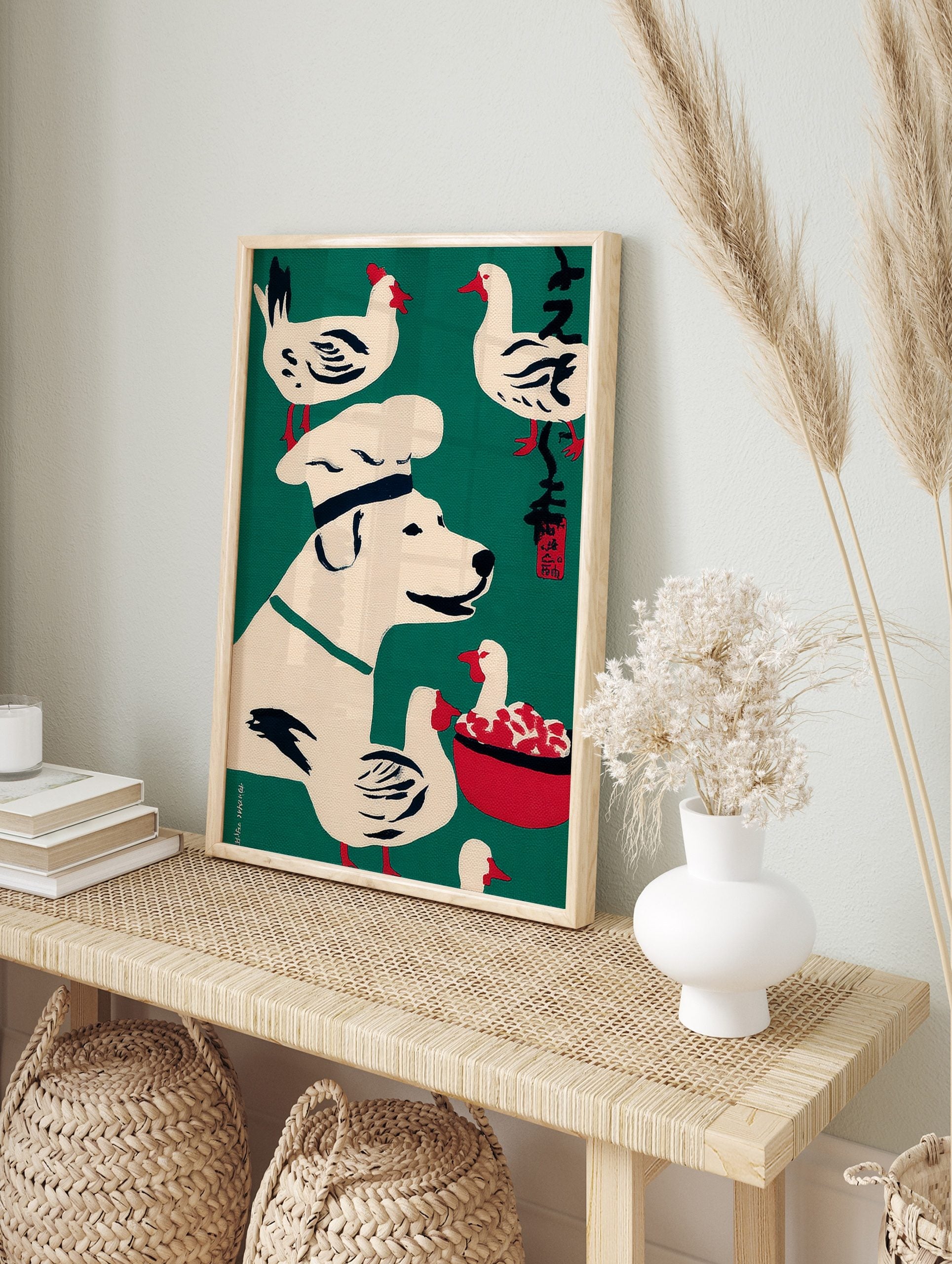 Illustrative chef dog in hat with white chickens and ducks on green background, Japanese, in an alternate framed mockup