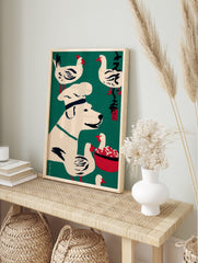 Illustrative chef dog in hat with white chickens and ducks on green background, Japanese, in an alternate framed mockup