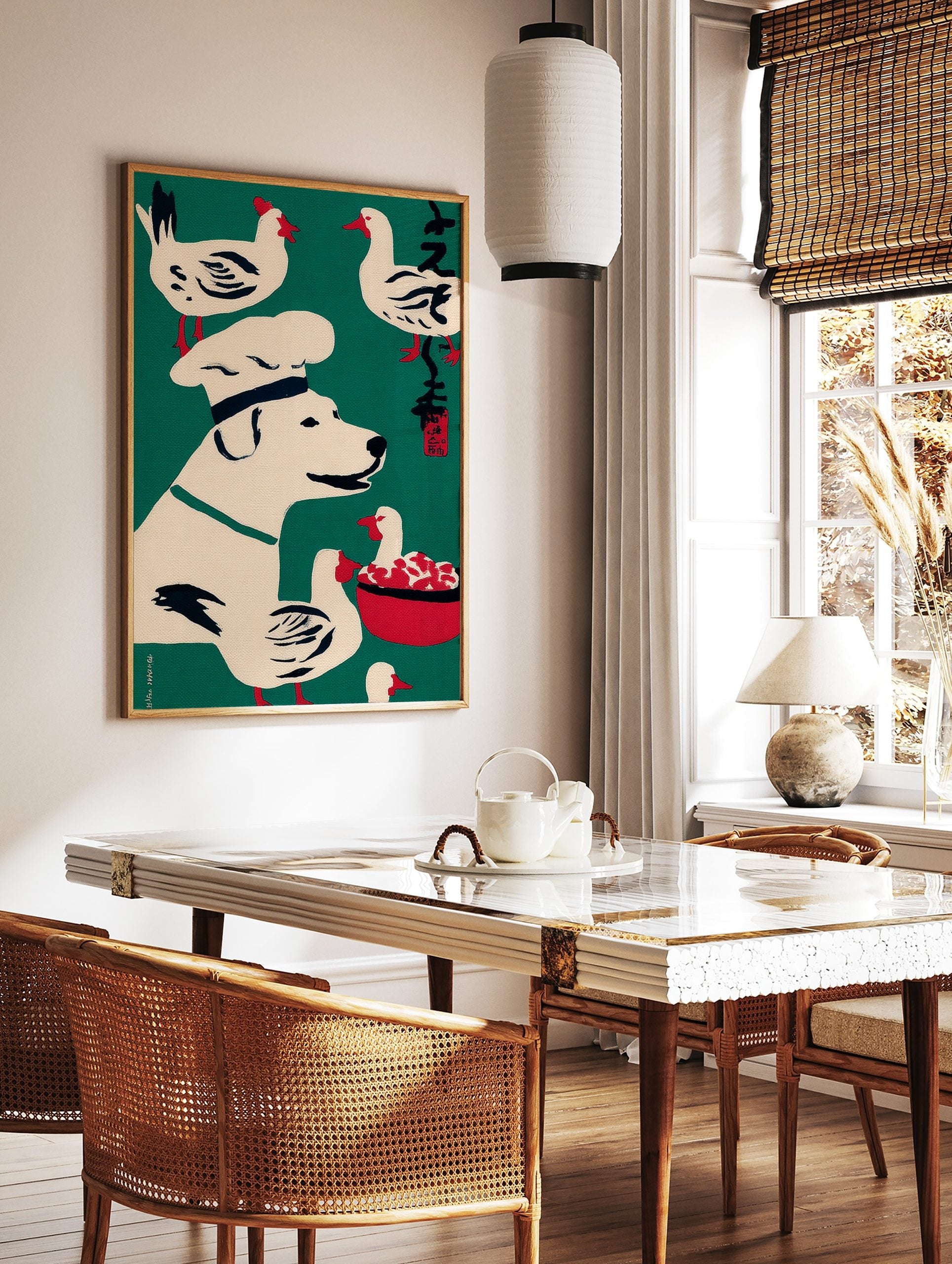 Illustrative chef dog in hat with white chickens and ducks on green background, Japanese script and, in a styled room mockup