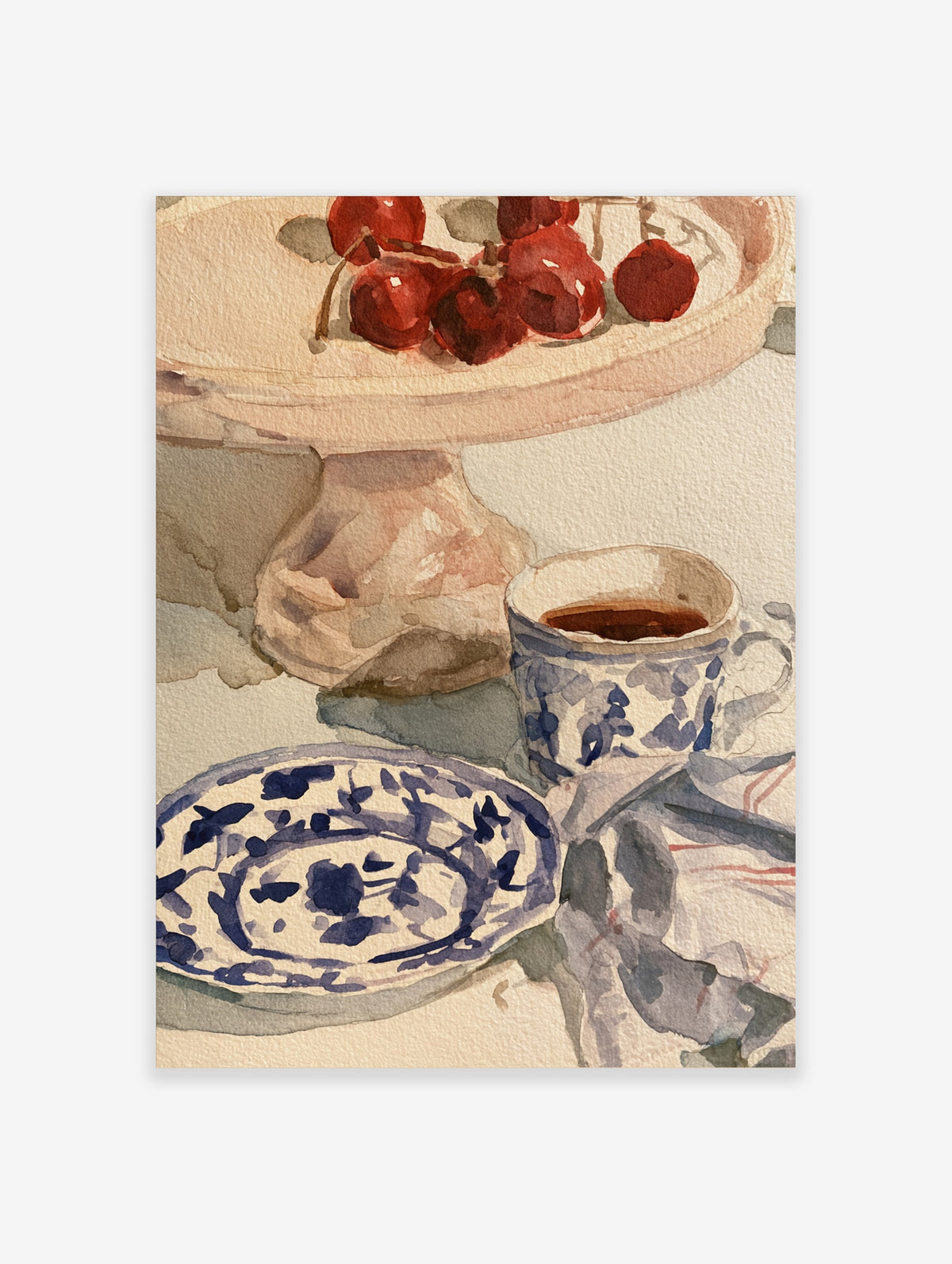 Watercolour still life art print featuring red cherries on a cake stand and a blue and white patterned teacup