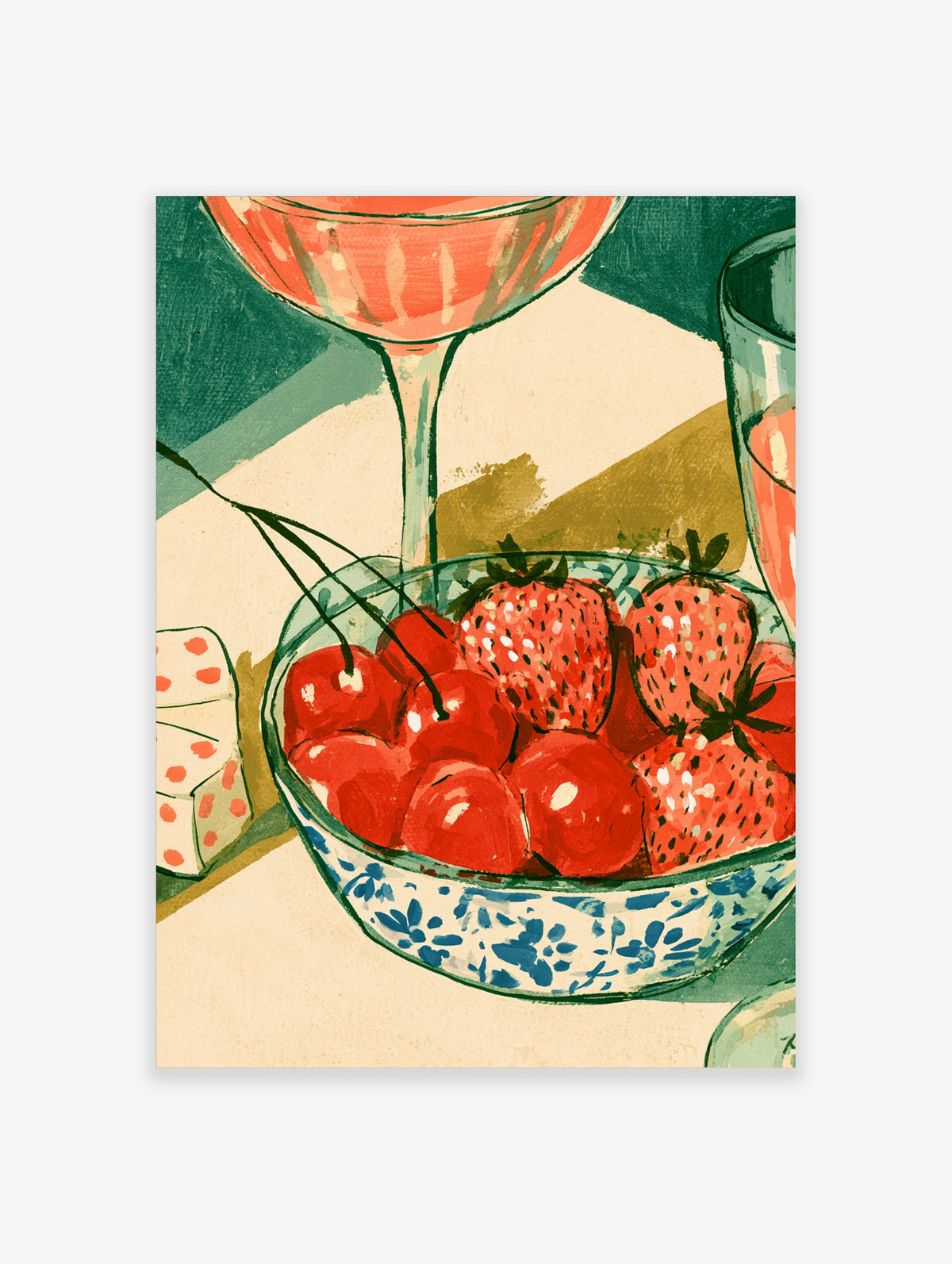 Cherry and strawberry still life poster with coral glass and blue floral bowl