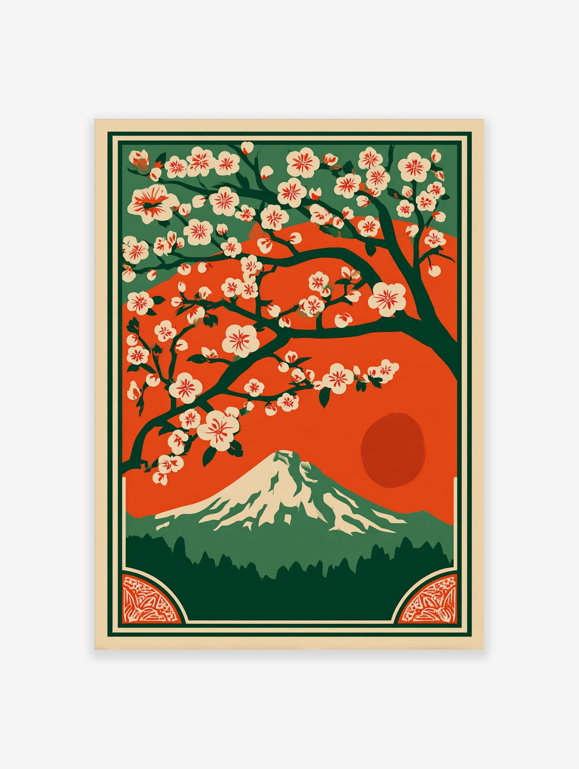 Japanese landscape art print with white cherry blossoms, Mount Fuji, red sun, and green forest