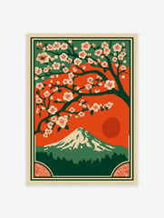 Japanese landscape art print with white cherry blossoms, Mount Fuji, red sun, and green forest