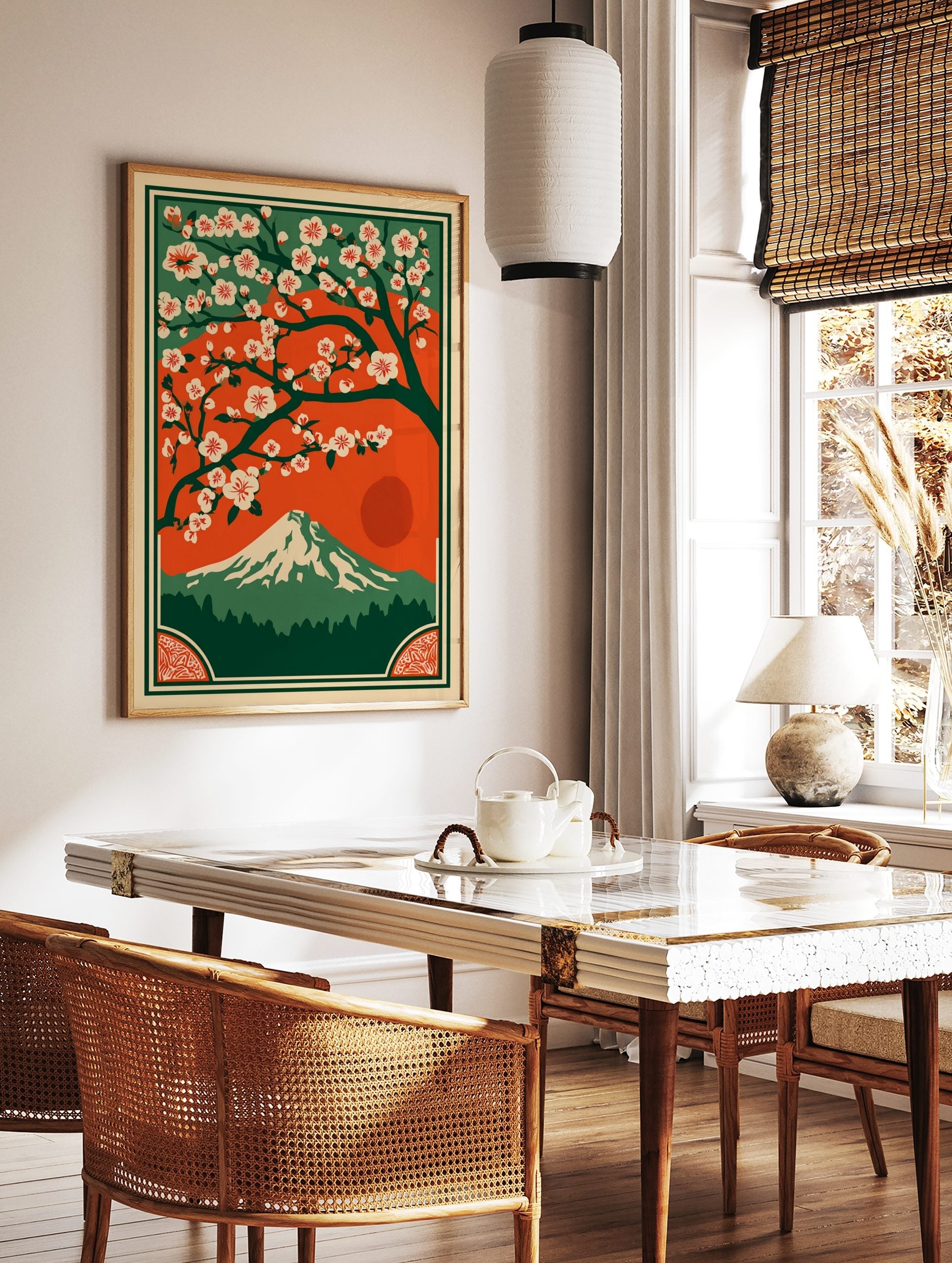 Japanese landscape art print with white cherry blossoms, Mount Fuji, red sun, and green forest, in a styled room mockup