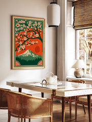 Japanese landscape art print with white cherry blossoms, Mount Fuji, red sun, and green forest, in a styled room mockup
