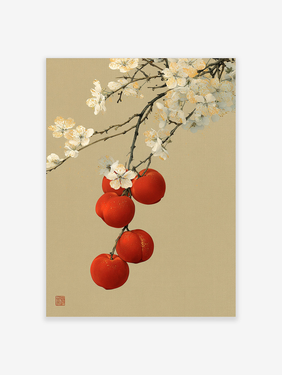 Japanese-style illustration of white cherry blossoms and red fruit on a tan background