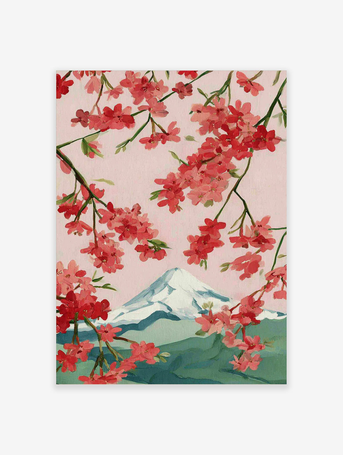 Illustrative cherry blossom branches with pink and red flowers framing snow-capped Mount Fuji against a pink sky
