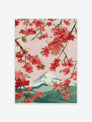 Illustrative cherry blossom branches with pink and red flowers framing snow-capped Mount Fuji against a pink sky