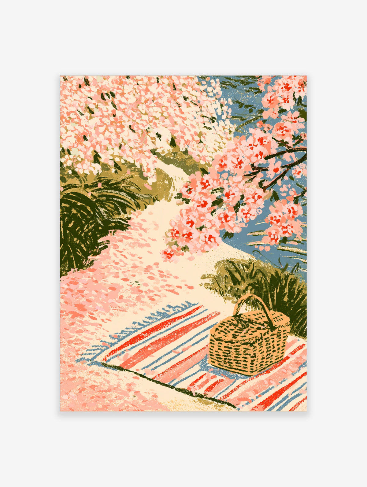 Cherry blossom picnic print with pink petals, wicker basket, and striped blanket on a path