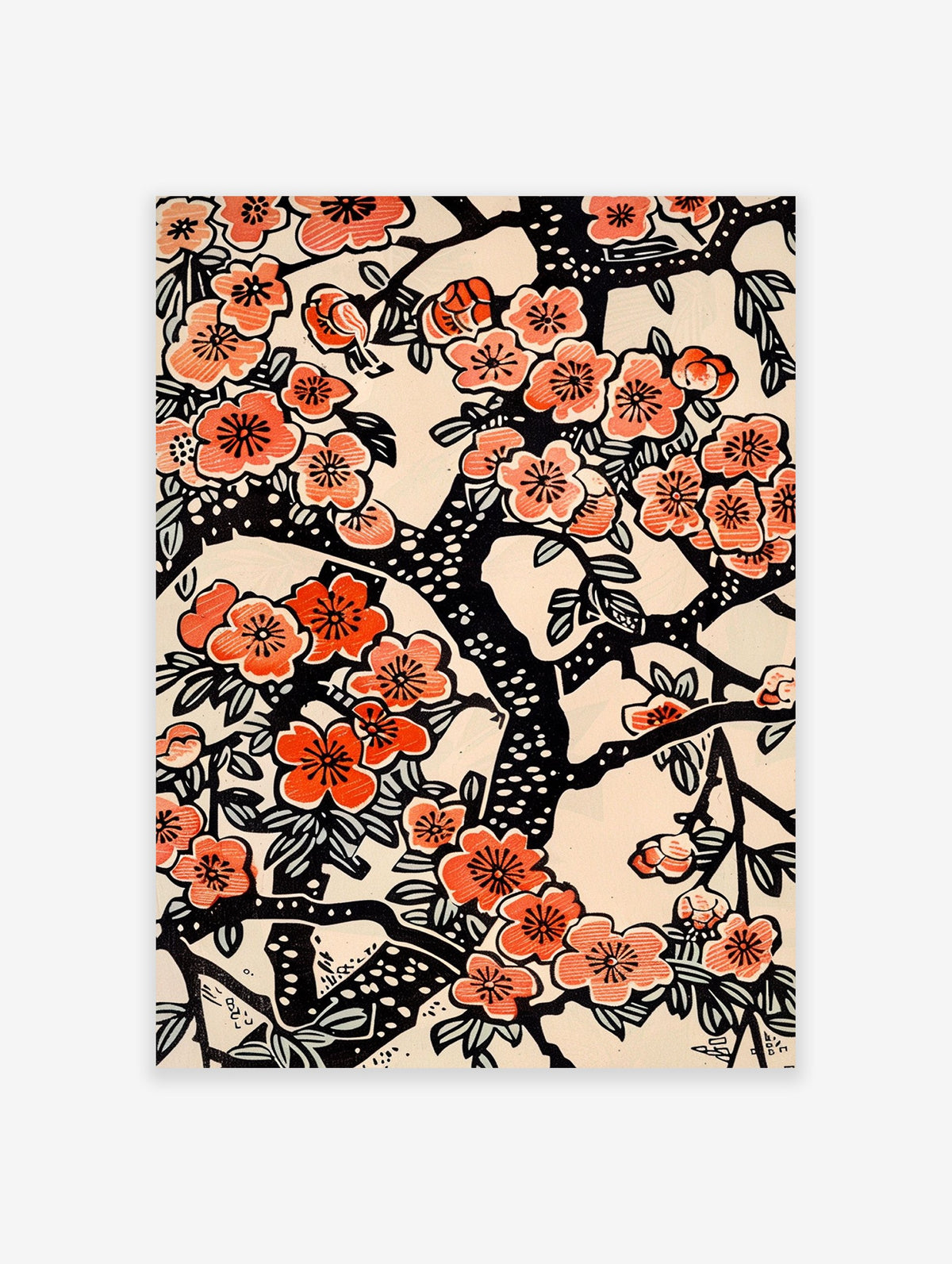 Cherry Blossom Poster with vibrant peach and red flowers on black branches, a Japanese floral illustration on a cream background.