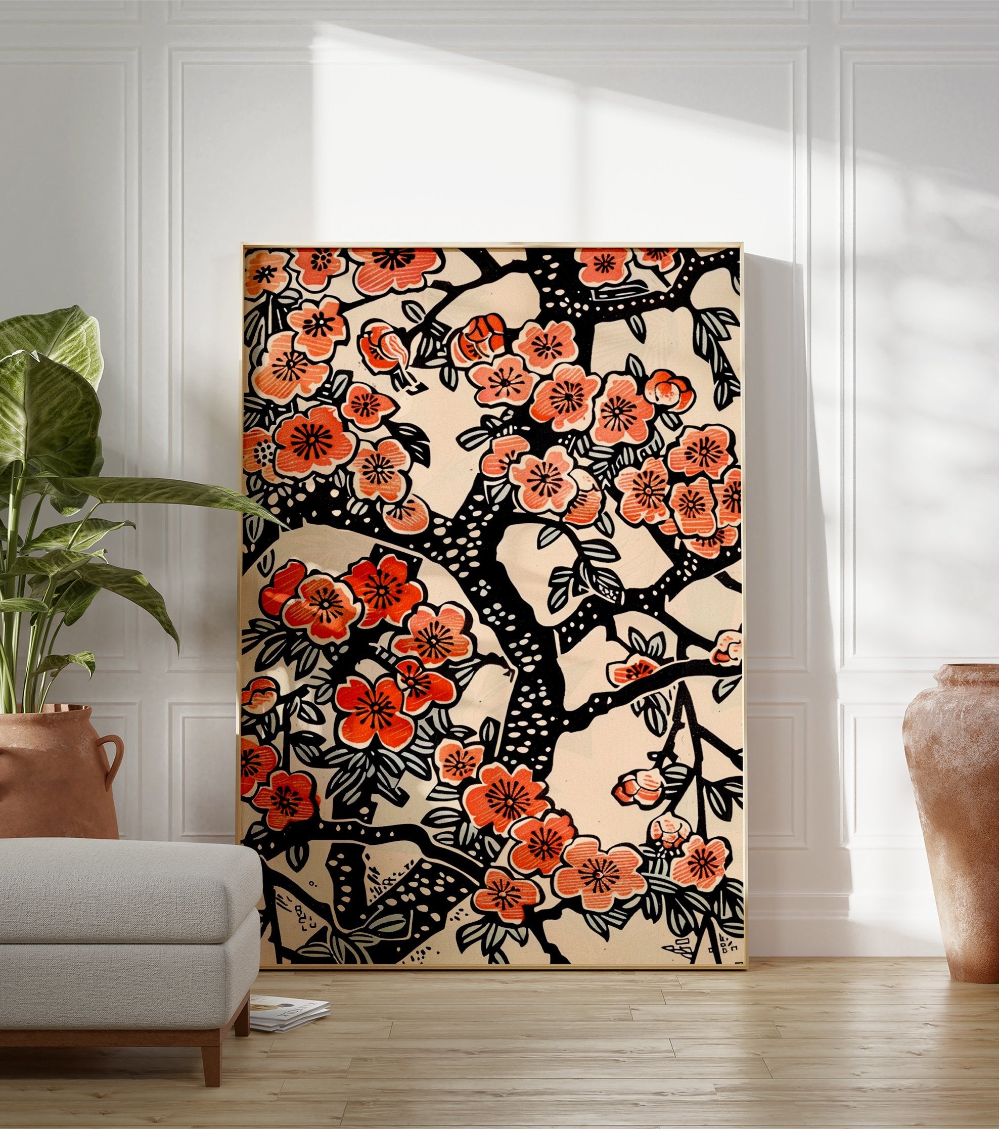Cherry Blossom Poster with vibrant peach and red flowers on black branches, a Japanese floral illustration on a cream background. - Image 3