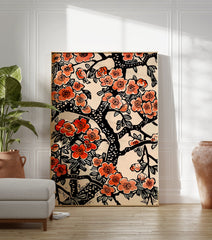 Cherry Blossom Poster with vibrant peach and red flowers on black branches, a Japanese floral illustration on a cream background. - Image 3