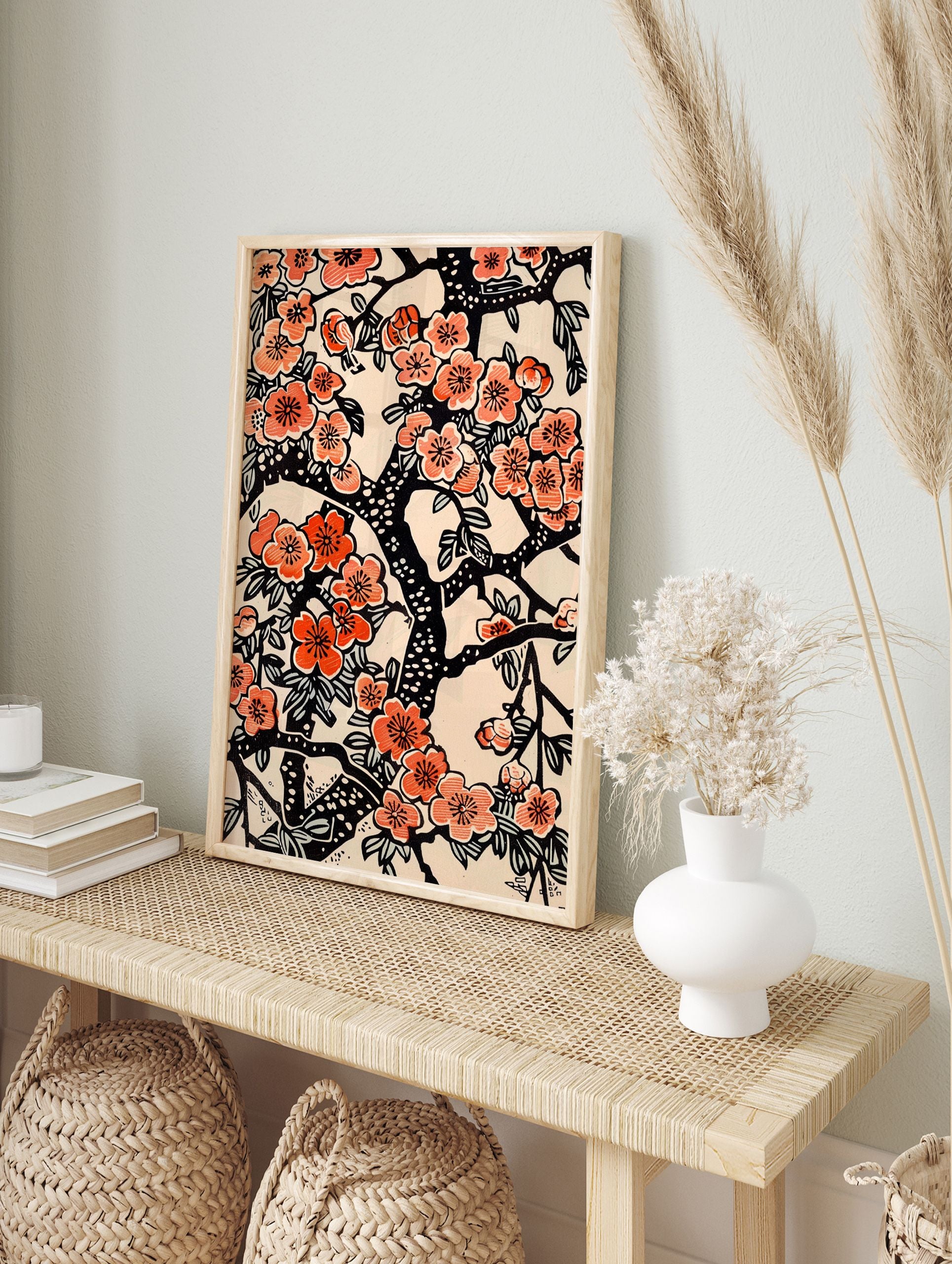 Cherry Blossom Poster with vibrant peach and red flowers on black branches, a Japanese floral illustration on a cream background. - Image 4