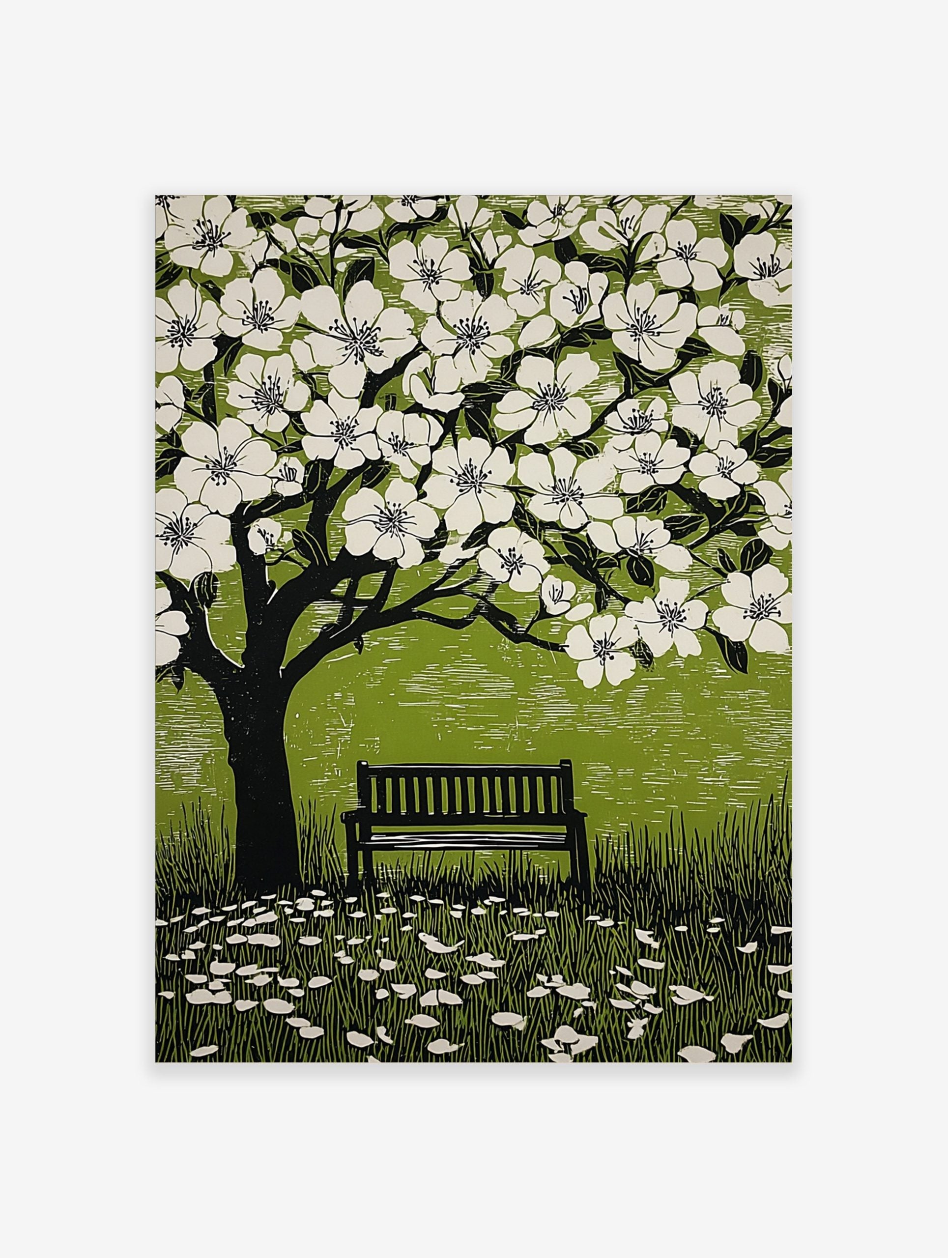 Illustrative linocut print of a black tree with white cherry blossoms, green background, and a park bench