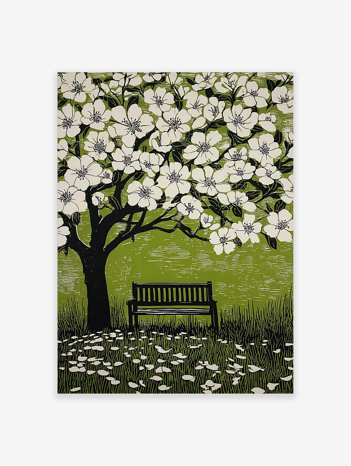 Illustrative linocut print of a black tree with white cherry blossoms, green background, and a park bench
