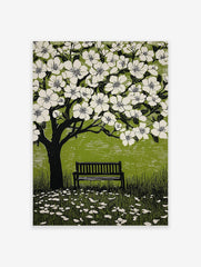 Illustrative linocut print of a black tree with white cherry blossoms, green background, and a park bench