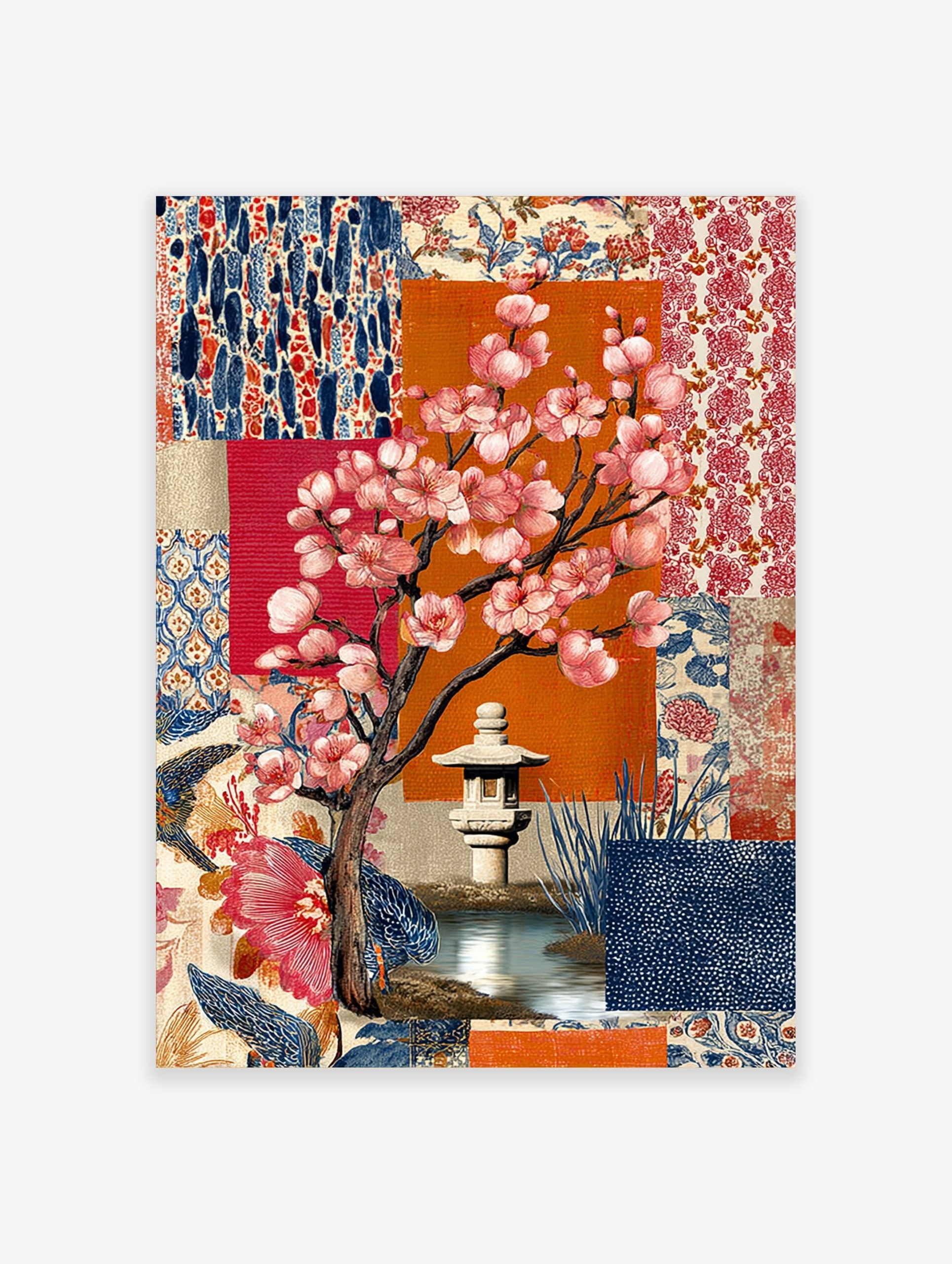 Illustrative cherry blossom tree with pink flowers, stone lantern, pond, and blue & red patterned background