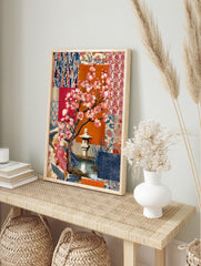 Illustrative cherry blossom tree with pink flowers, stone lantern, pond, and blue & red, in an alternate framed mockup