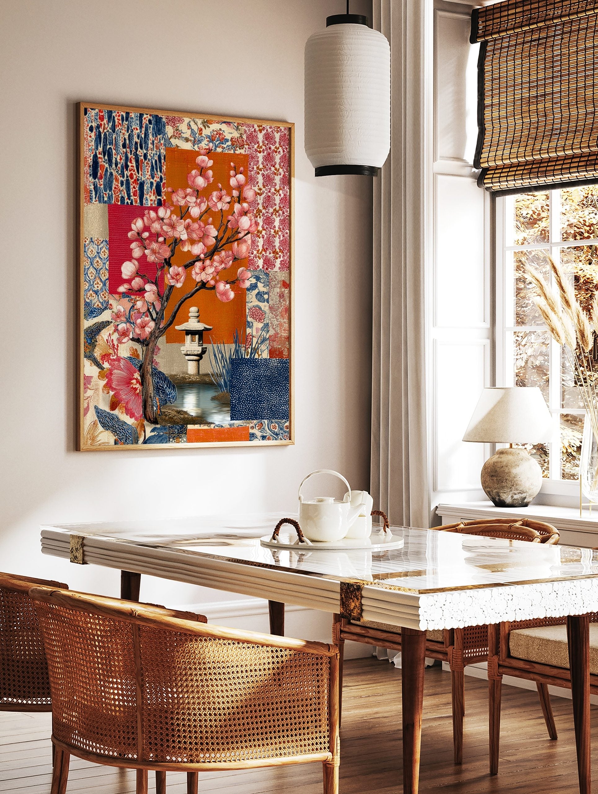 Illustrative cherry blossom tree with pink flowers, stone lantern, pond, and blue & red patterned, in a styled room mockup
