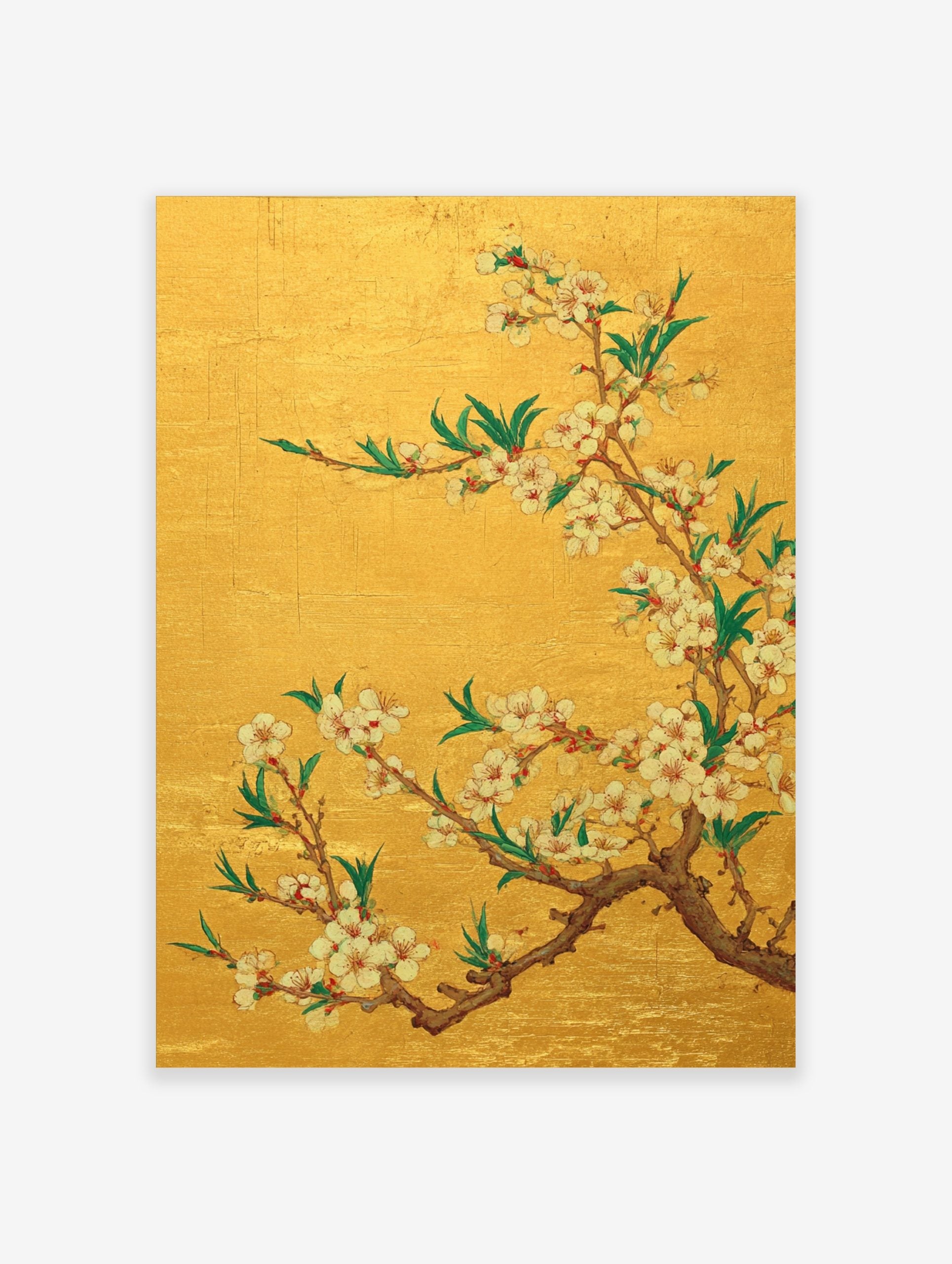 White and pink cherry blossom flowers on brown branches with green leaves against a gold background