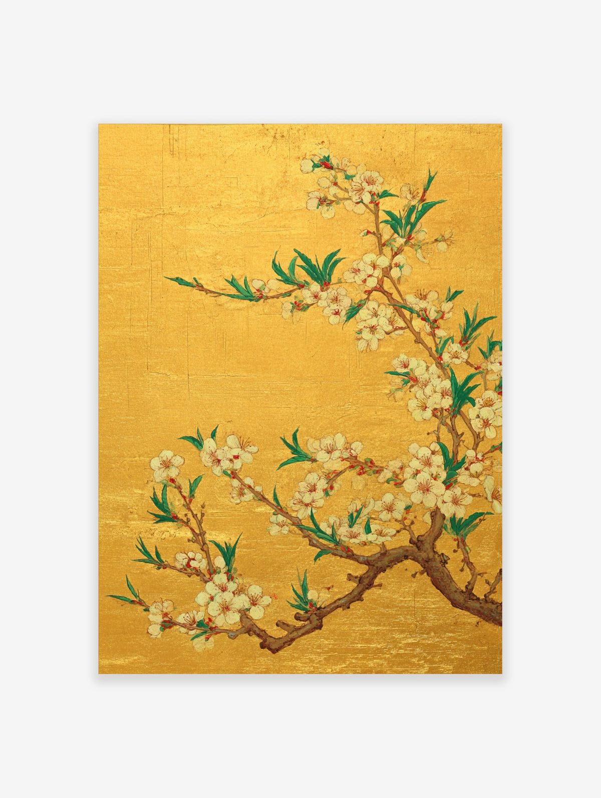White and pink cherry blossom flowers on brown branches with green leaves against a gold background