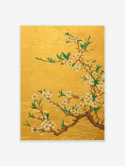 White and pink cherry blossom flowers on brown branches with green leaves against a gold background