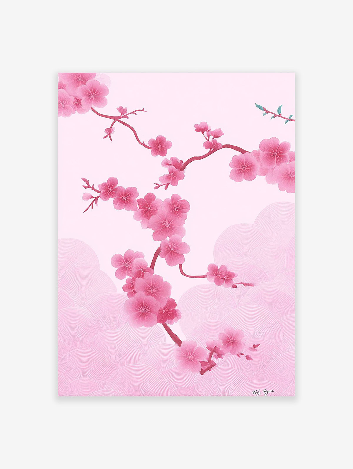 Pink cherry blossom wall art with delicate sakura flowers and branches on a soft pink background with subtle wave patterns.