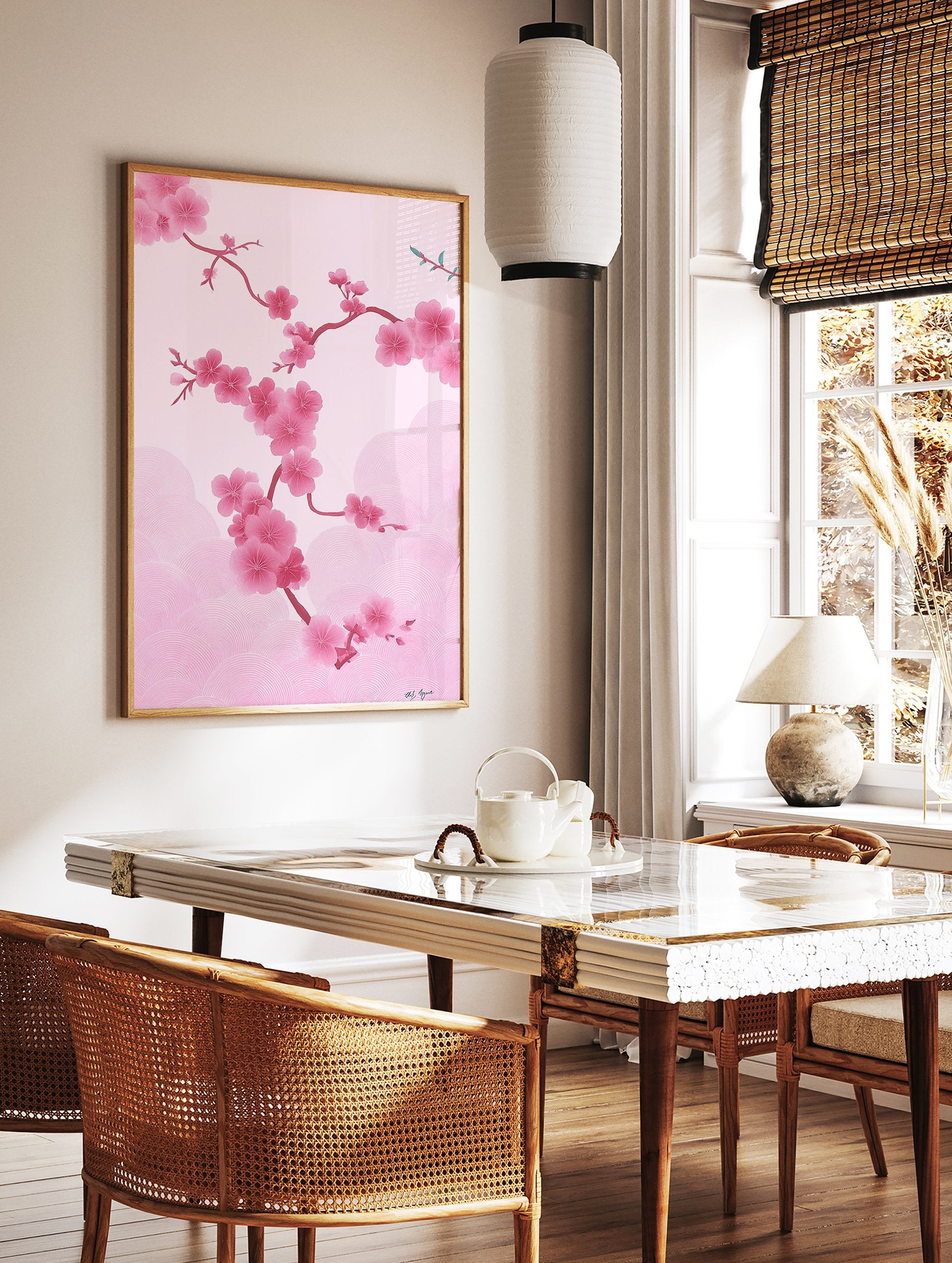 Pink cherry blossom wall art with delicate sakura flowers and branches on a soft pink background with subtle wave patterns. - Image 2
