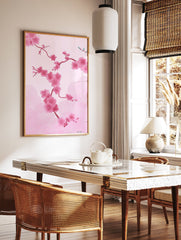 Pink cherry blossom wall art with delicate sakura flowers and branches on a soft pink background with subtle wave patterns. - Image 2