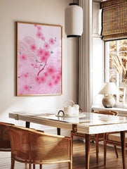 Pink cherry blossom branch illustration with delicate flowers and subtle wavy patterns on a light pink background - Image 2