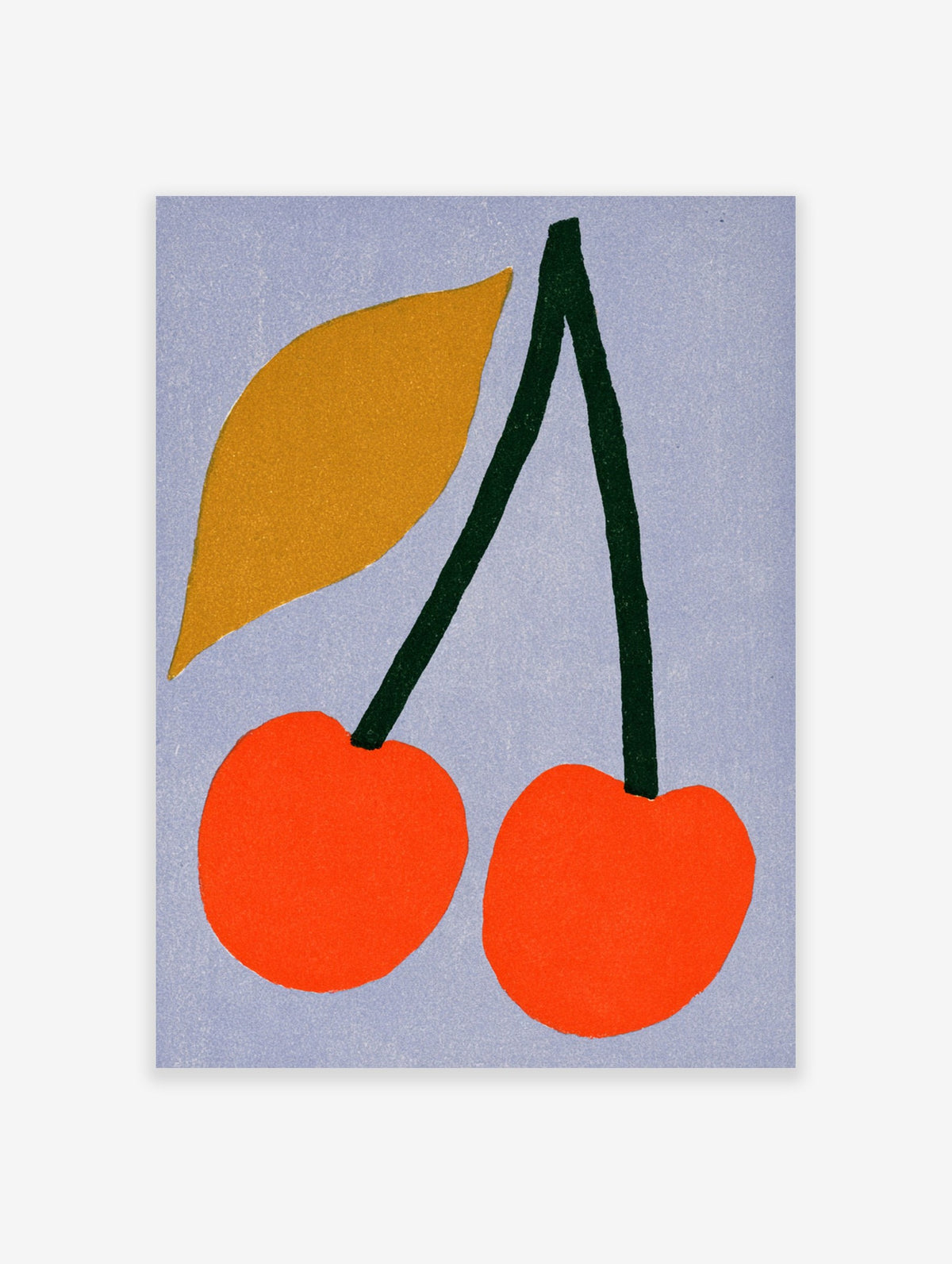 Minimalist art print of two orange cherries and a golden leaf against a light blue background