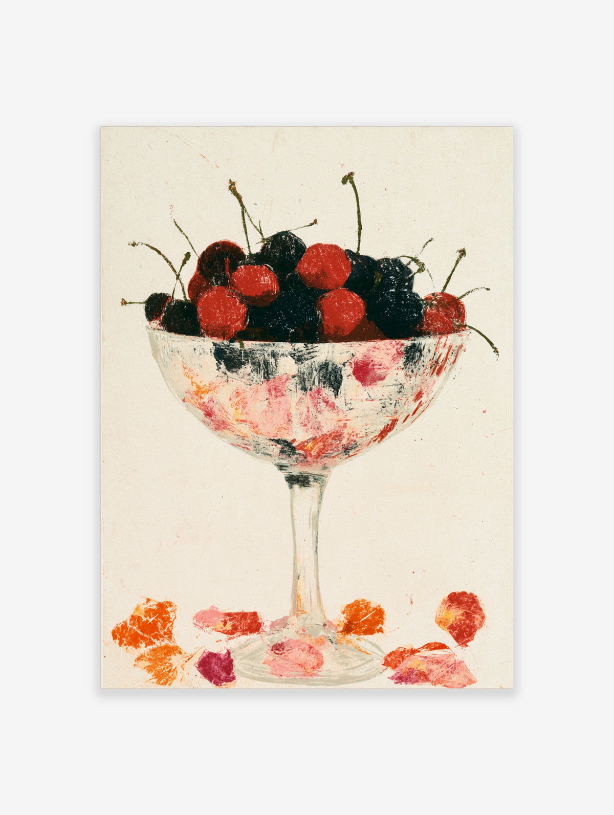 Illustrative wall art of red and dark cherries in a stemmed glass bowl on a neutral background