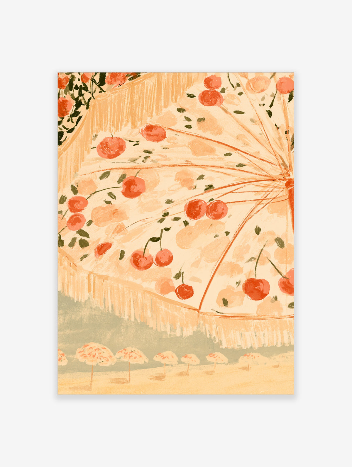 Cherry umbrella art print with red cherries, green leaves, and fringed canopy on pastel background