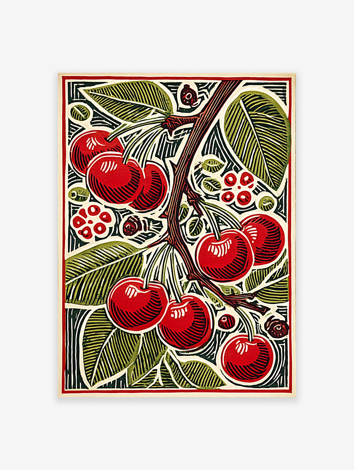 Vibrant cherry wall art print featuring red cherries and green leaves on a branch in a stylized botanical illustration.