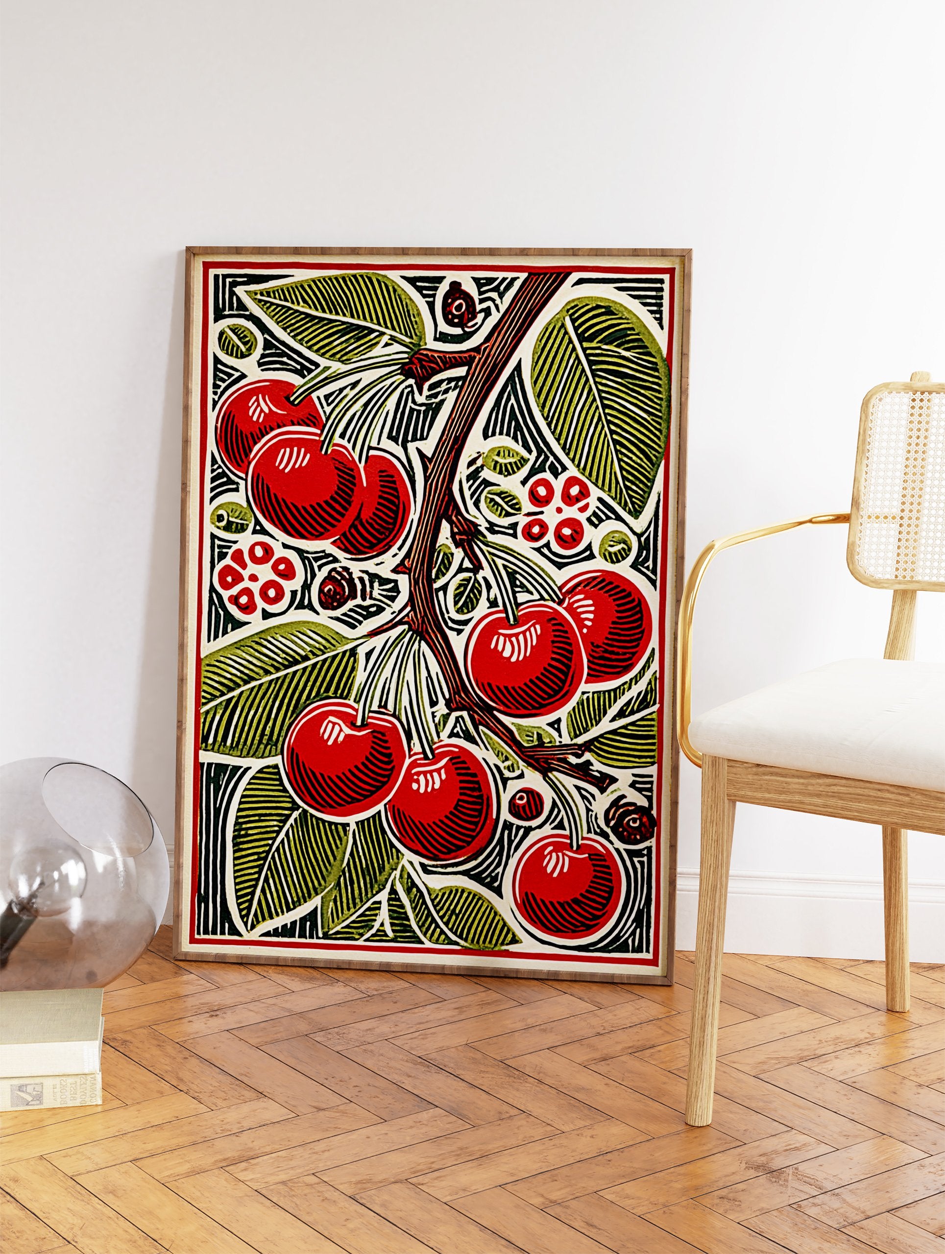 Vibrant cherry wall art print featuring red cherries and green leaves on a branch in a stylized botanical illustration. - Image 2